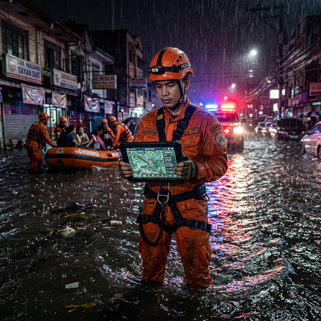 Filipino DRRMO officer monitoring ALISTO Rapid App map in a flood calamity